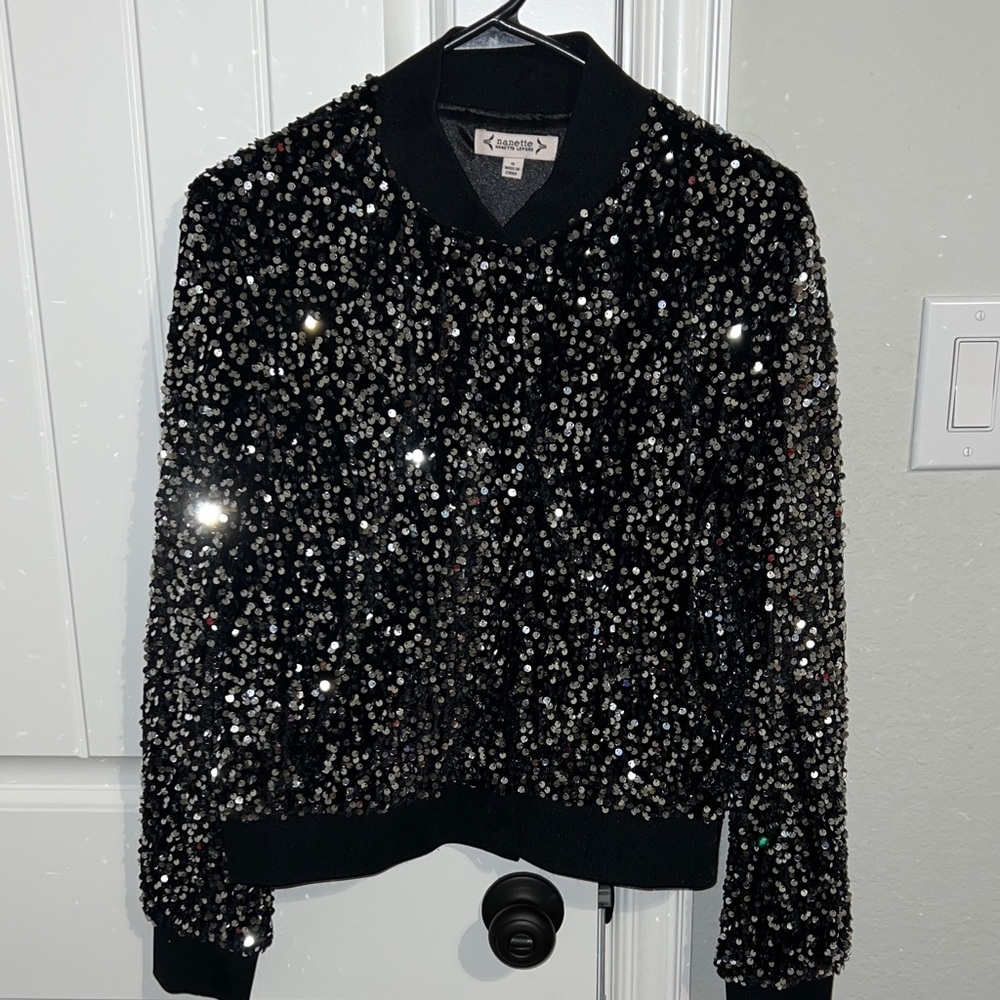 Nanette Lepore Sparkling Sequin Black Bomber Jacket